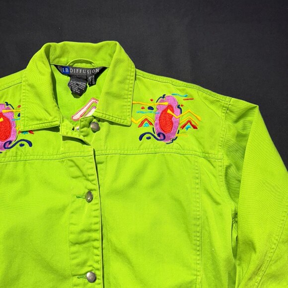 IB Diffusion VINTAGE Women's Denim Jacket Size 10 Bright Green Embroidered - Picture 1 of 10